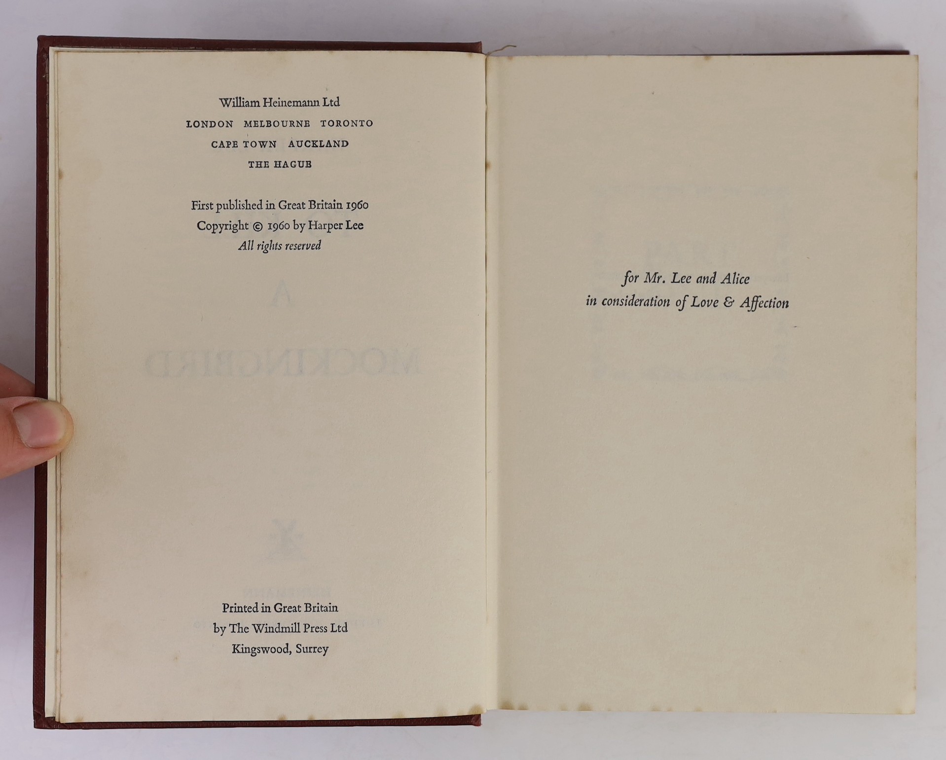 Lee, Harper - To Kill a Mockingbird, 1st English edition, 8vo, cloth in clipped d/j, ownership inscription to front fly leaf, William Heinemann, London, 1960